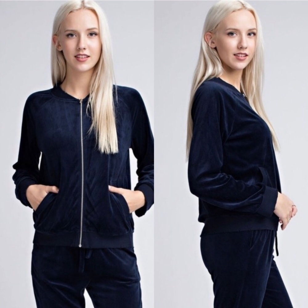 Honey Punch Distressed Navy Velvet Bomber Jacket